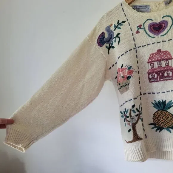 Vintage Northern Isles Hand Embroidered Knit Sweater Cream M - Picture 7 of 12